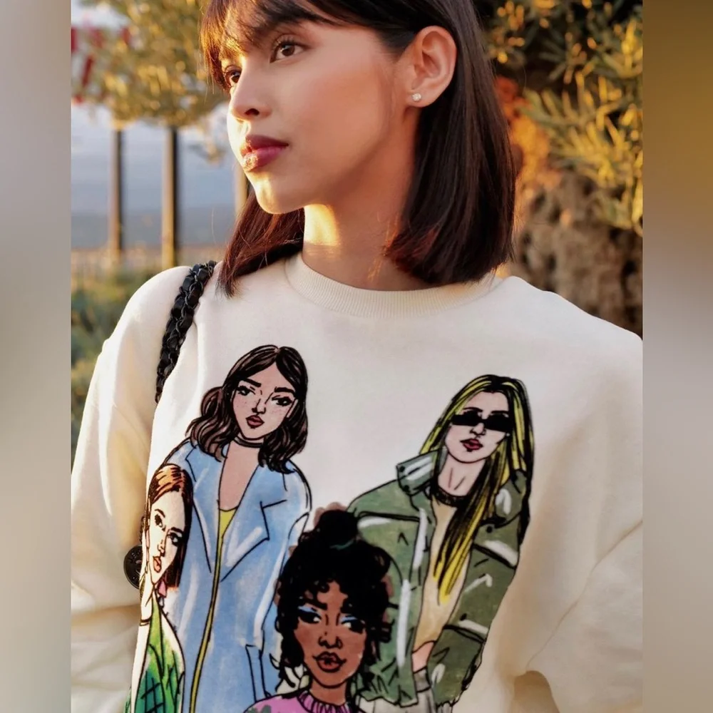 Zara Cool Girls Rare Graphic Illustration Print Crewneck Sweatshirt Pullover